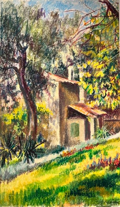 Pittura impressionista francese a pastello Chateau illuminato dal sole lungo il sentiero Paesaggio