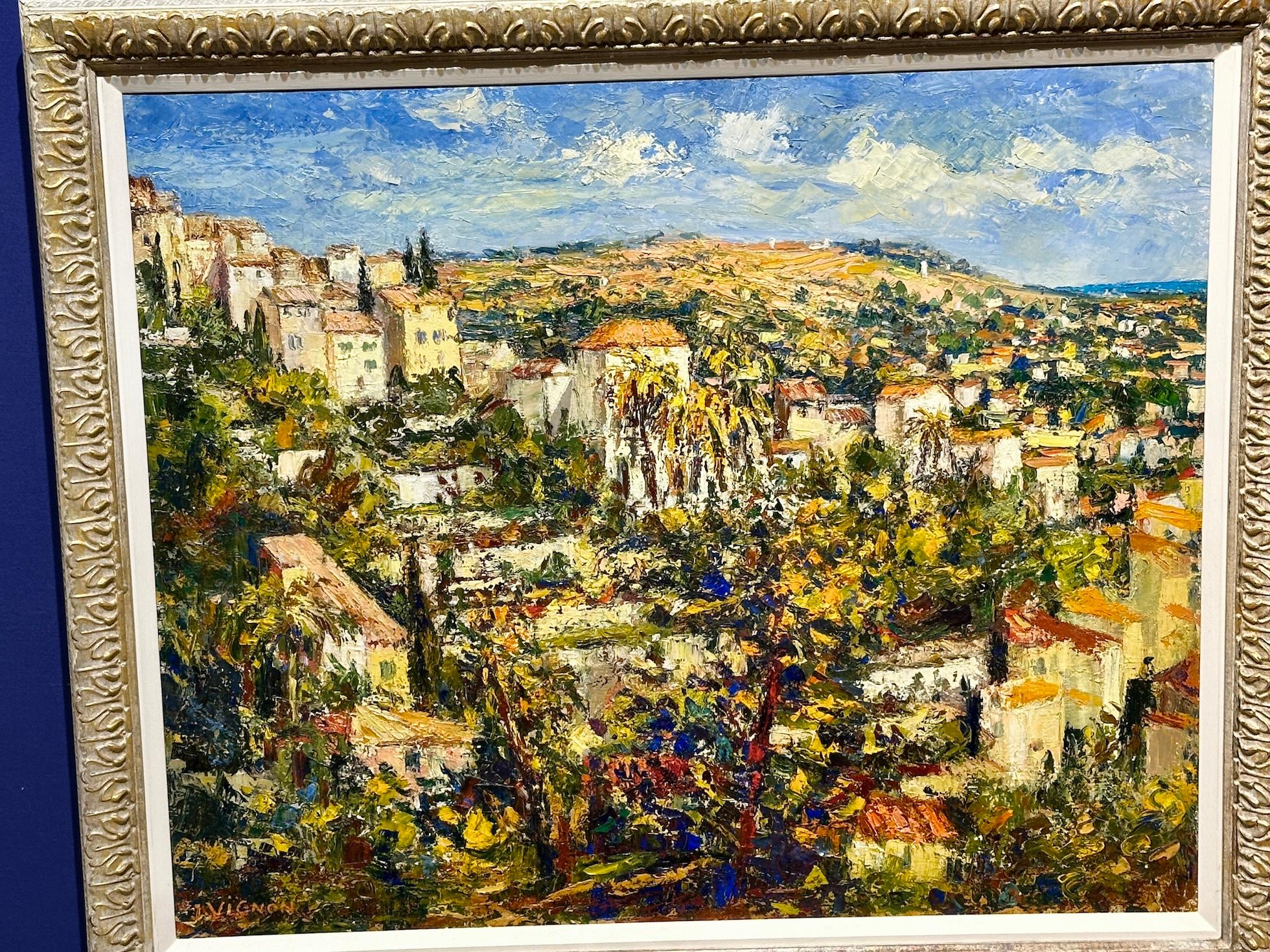 French Impressionist South of France Landscape with hill top Village - Painting by Josine Vignon