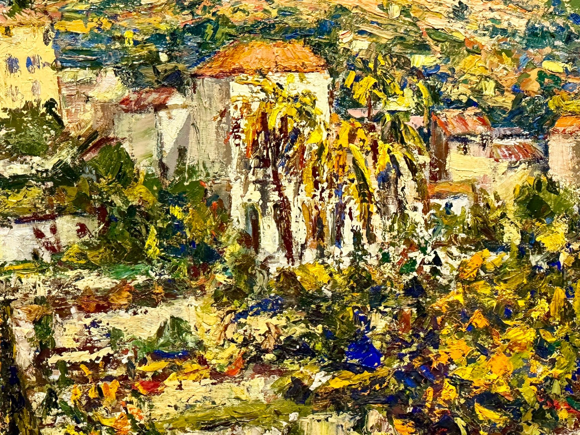 French Impressionist South of France Landscape with hill top Village - Beige Landscape Painting by Josine Vignon