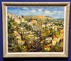 Paysage impressionniste français du sud de la France avec village au sommet de la colline