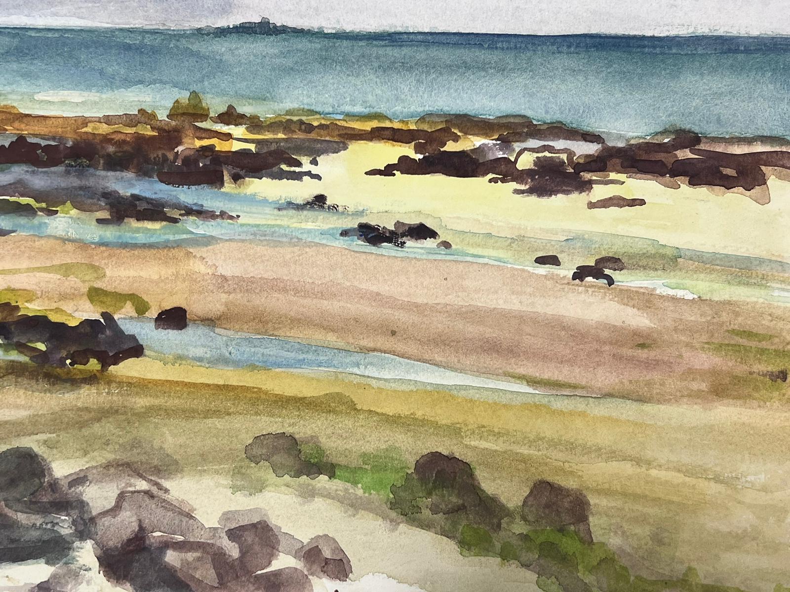 French Mid Century Rock Beach Blue Sea Landscape  - Painting by Josine Vignon