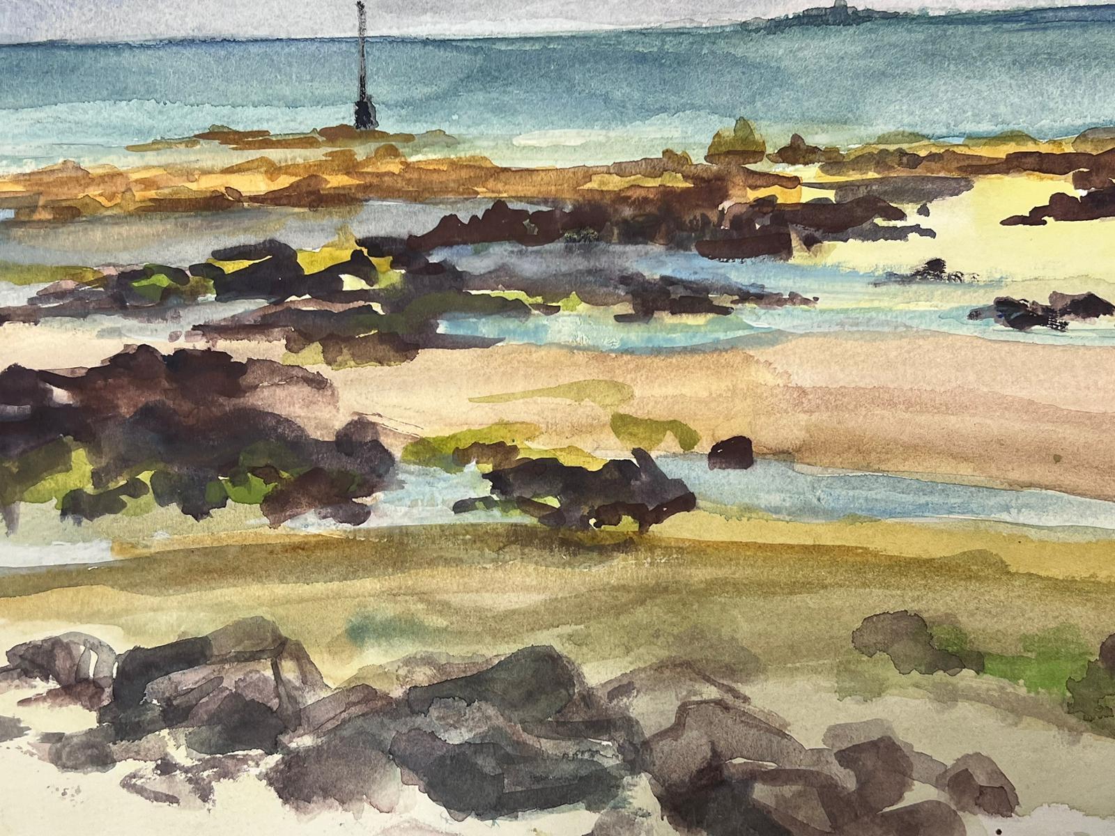 French Mid Century Rock Beach Blue Sea Landscape  - Impressionist Painting by Josine Vignon