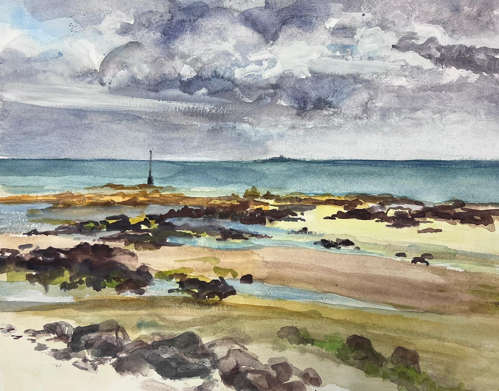 Paysage de mer bleu de plage de rocher du milieu du siècle