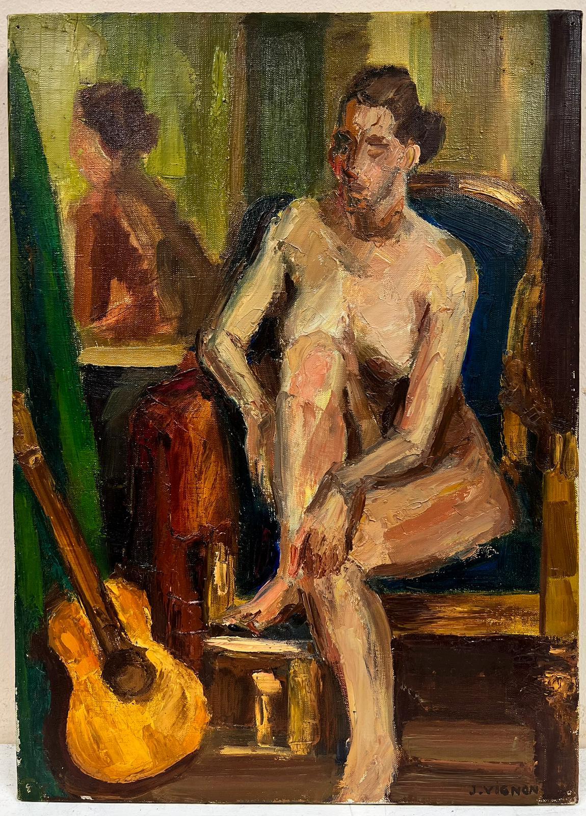 French Nude Female Portrait Interior Post Impressionist Signed Impasto Oil  - Painting by Josine Vignon