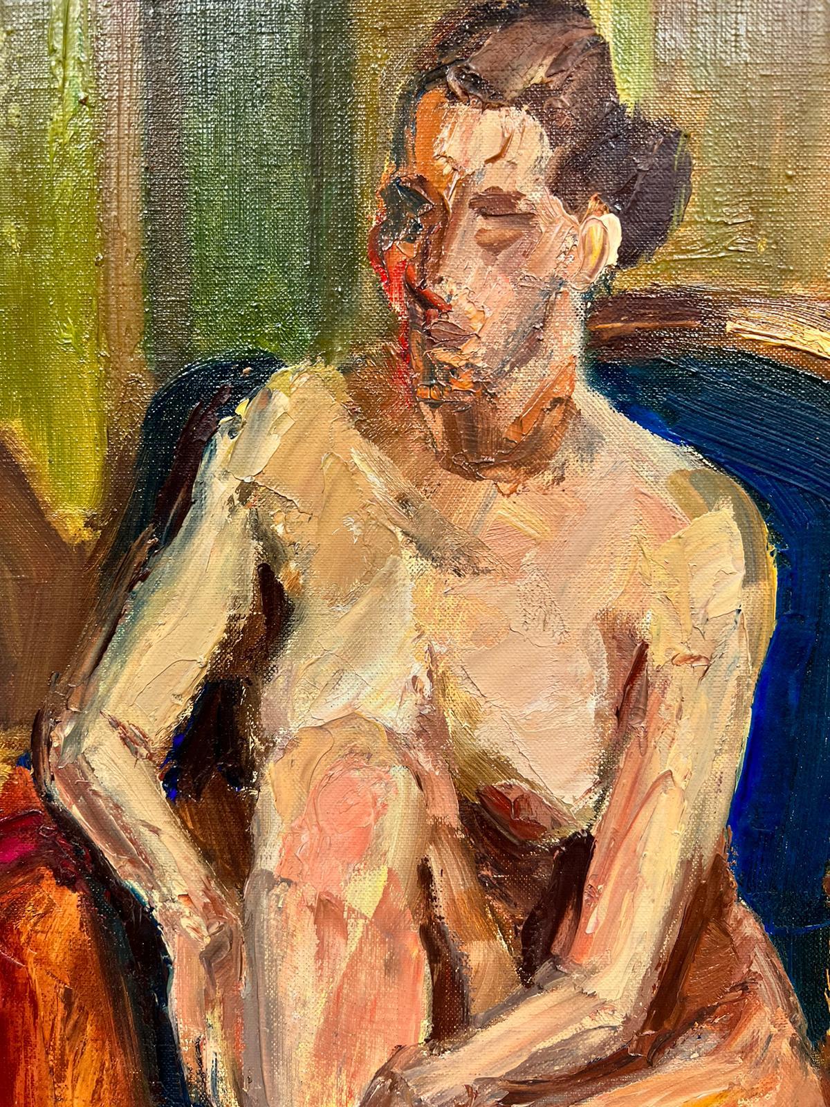 Nude Portrait
by Josine Vignon (French 1922-2022)
signed on front and back
oil painting on canvas, unframed

canvas: 18 x 13 inches

Colors: Beige colors, beige, brown, blue , green and white

Very good condition

Provenance: from the artists