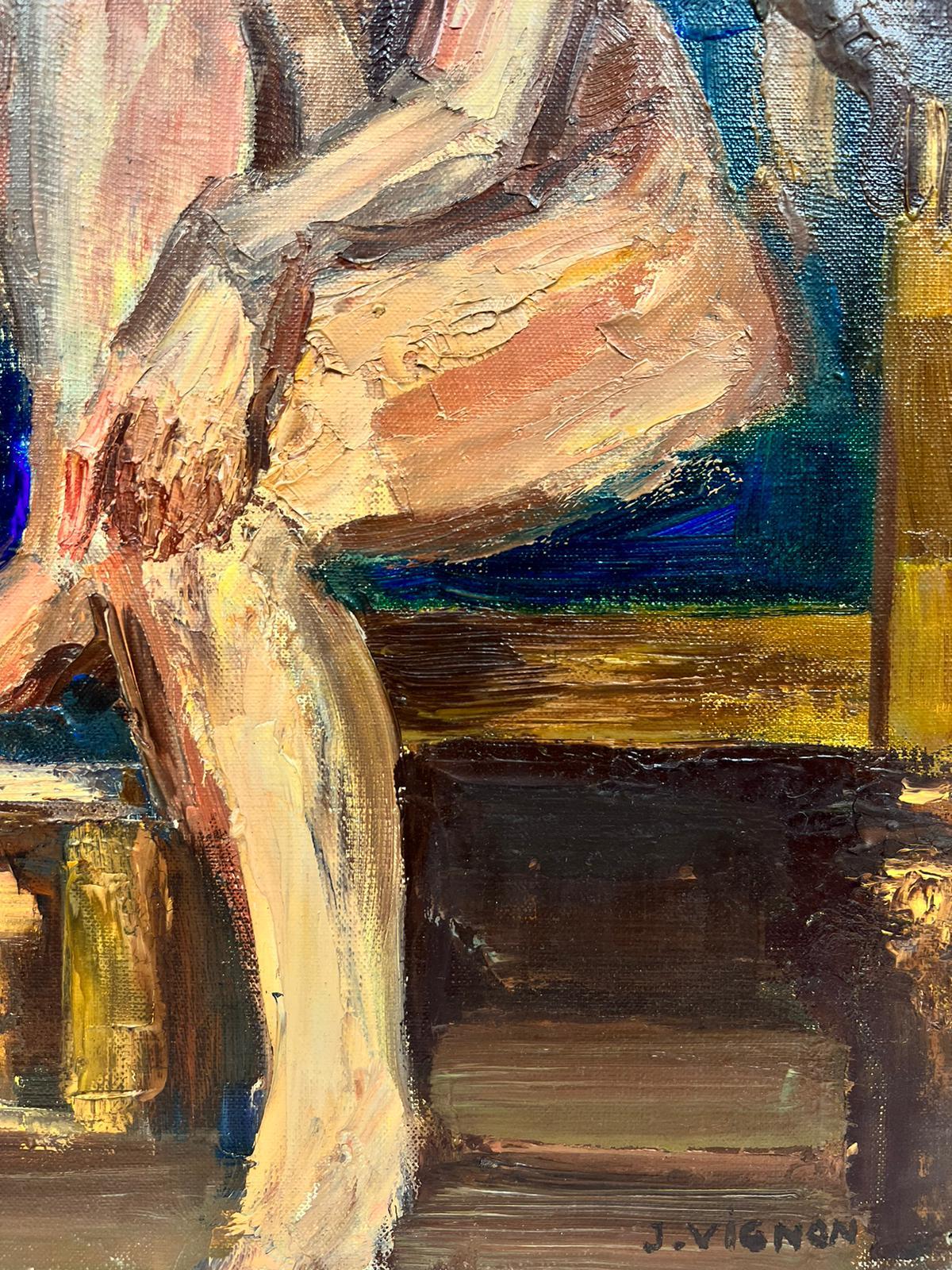 French Nude Female Portrait Interior Post Impressionist Signed Impasto Oil  For Sale 1