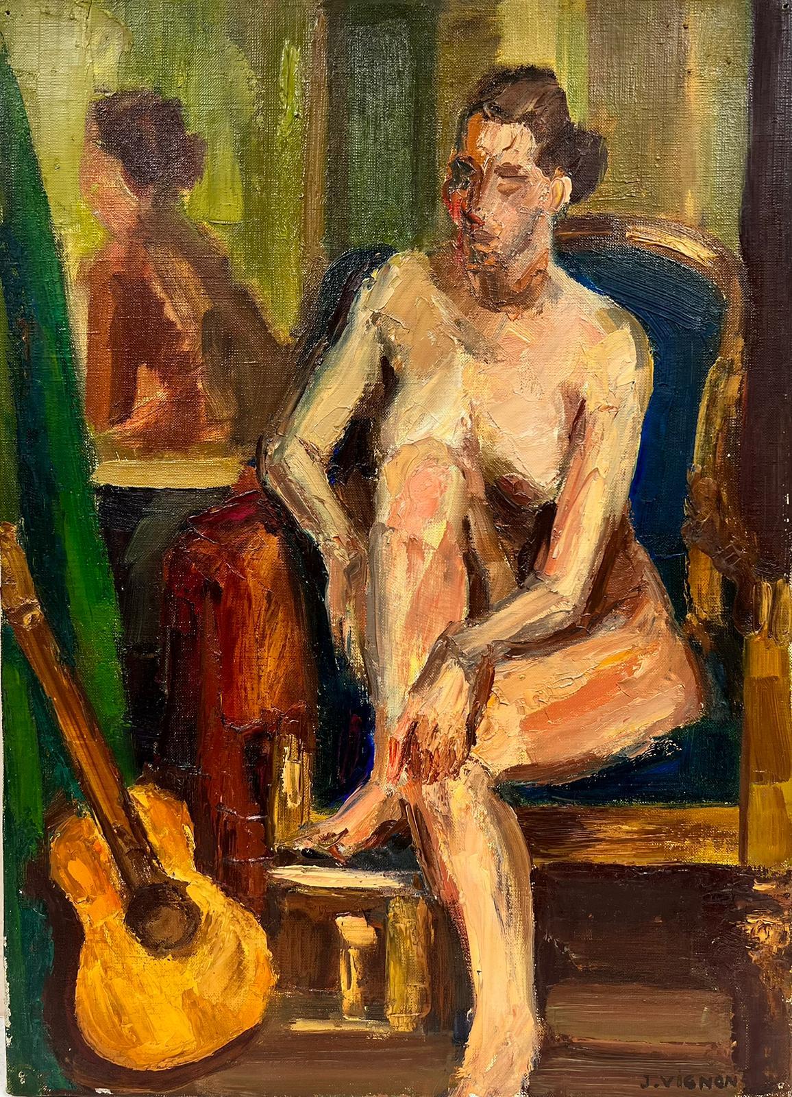 Josine Vignon Portrait Painting - French Nude Female Portrait Interior Post Impressionist Signed Impasto Oil 