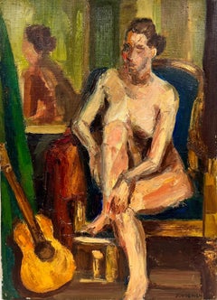 Vintage French Nude Female Portrait Interior Post Impressionist Signed Impasto Oil 