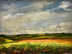 Retro French Open Field Landscape Post Impressionist Signed Oil 