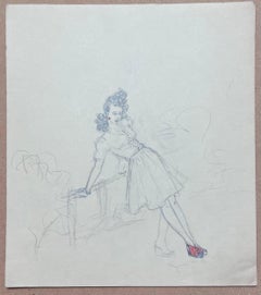 French Pencil Study of a Graceful Woman in Vintage Attire with Red Features