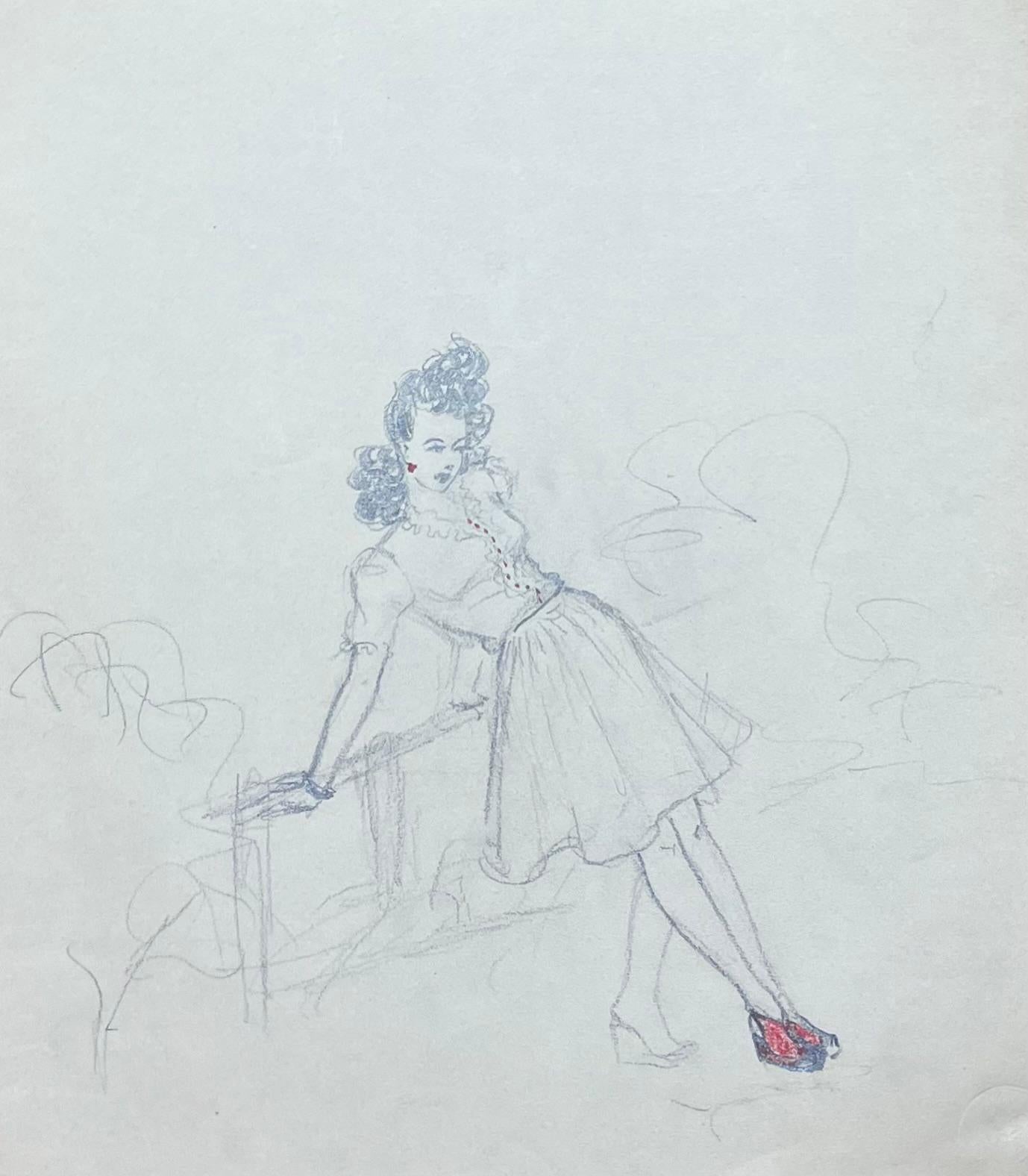 Französische Bleistiftstudie einer anmutigen Frau in Vintage-Anzug mit roten Merkmalen (Grau), Figurative Painting, von Josine Vignon