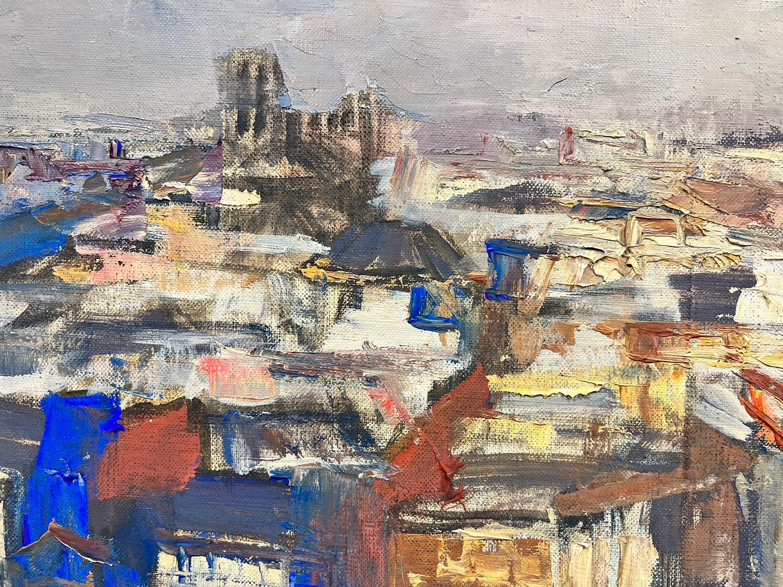 Paris
by Josine Vignon (French 1922-2022)
oil painting on canvas, unframed

canvas: 18 x 24 inches

Colors: Blue colors, grey, white and red

Very good condition though the stretcher bars indentations running centrally are showing. 

Provenance: