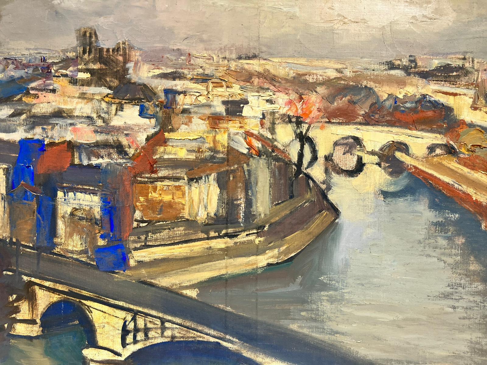 Josine Vignon Landscape Painting - French Post Impressionist Oil View over Paris River Seine Ile de la Cite Skyline