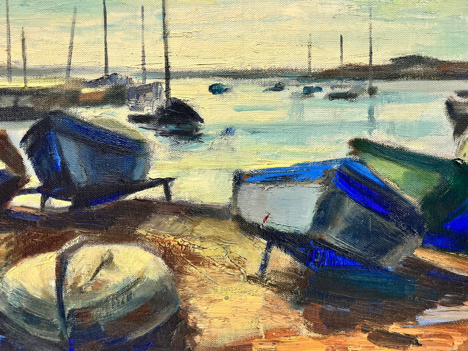 French Post Impressionist Signed Oil Boats Beached & Moored Coastal Harbour Blue - Post-Impressionist Painting by Josine Vignon