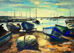 Vintage French Post Impressionist Signed Oil Boats Beached & Moored Coastal Harbour Blue