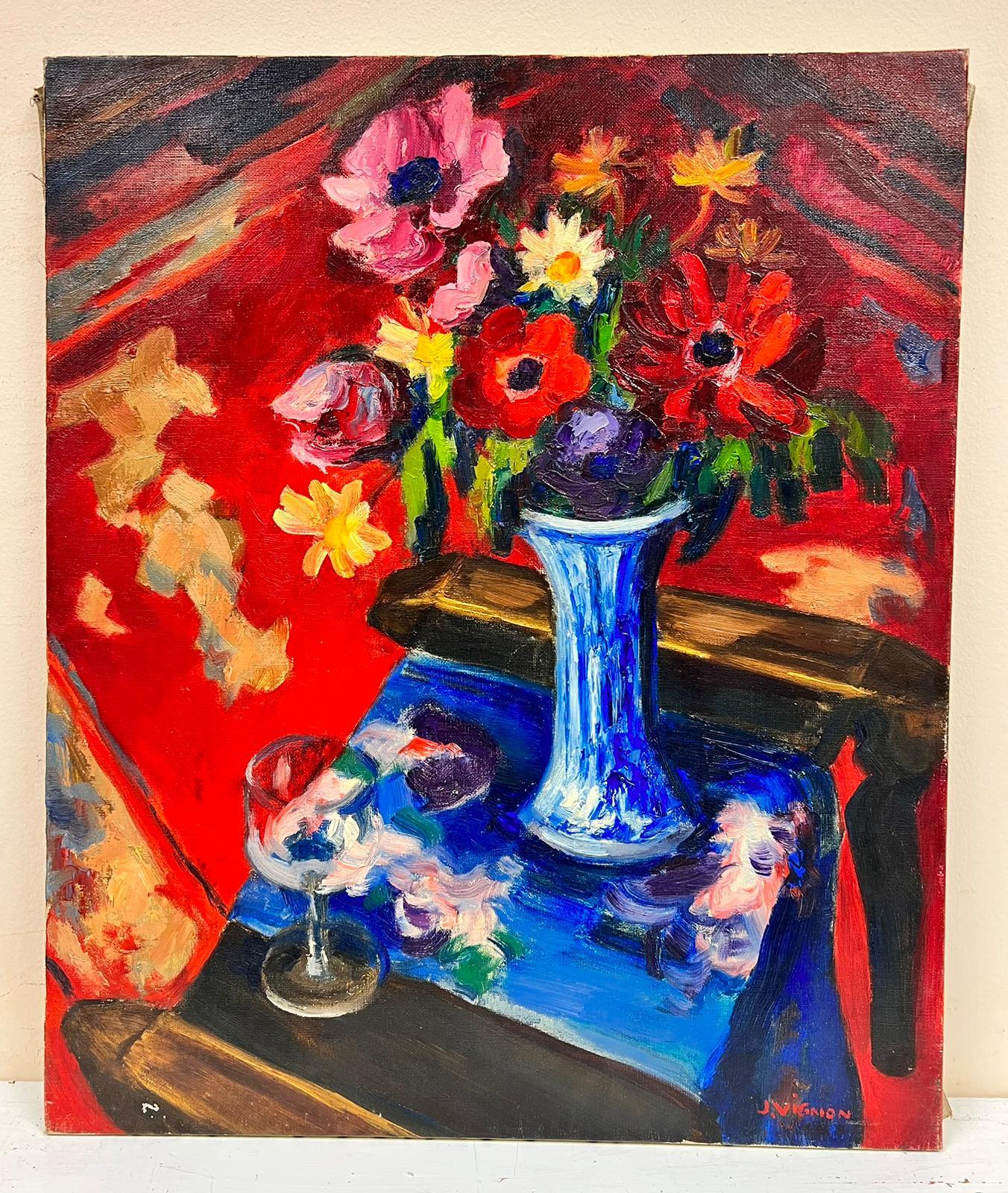 French Post Impressionist Signed Oil Flowers in Blue Vase Red Background 1960's - Painting by Josine Vignon