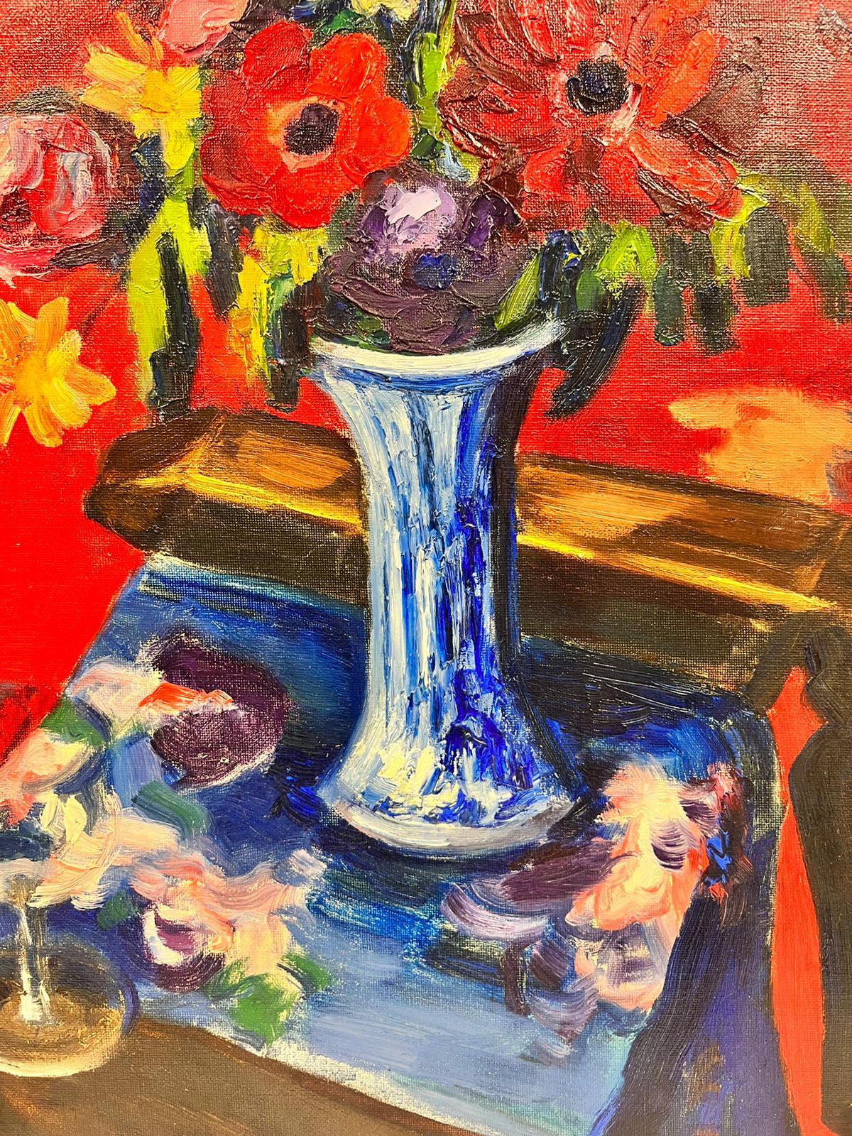 Still Life of Flowers
by Josine Vignon (French 1922-2022)
signed on front and back
inscribed verso
oil painting on canvas, unframed

canvas: 21.5 x 18 inches

Colors: Red colors, blue , yellow, green ,pink, orange, white and yellow

Very good