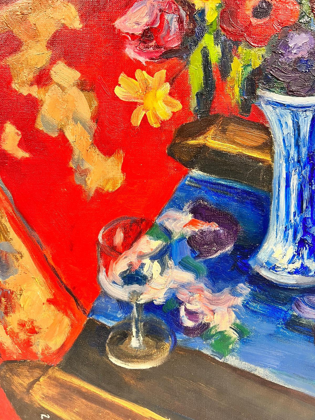 French Post Impressionist Signed Oil Flowers in Blue Vase Red Background 1960's For Sale 1