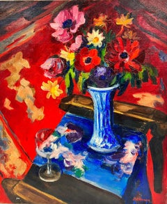 French Post Impressionist Signed Oil Flowers in Blue Vase Red Background 1960's