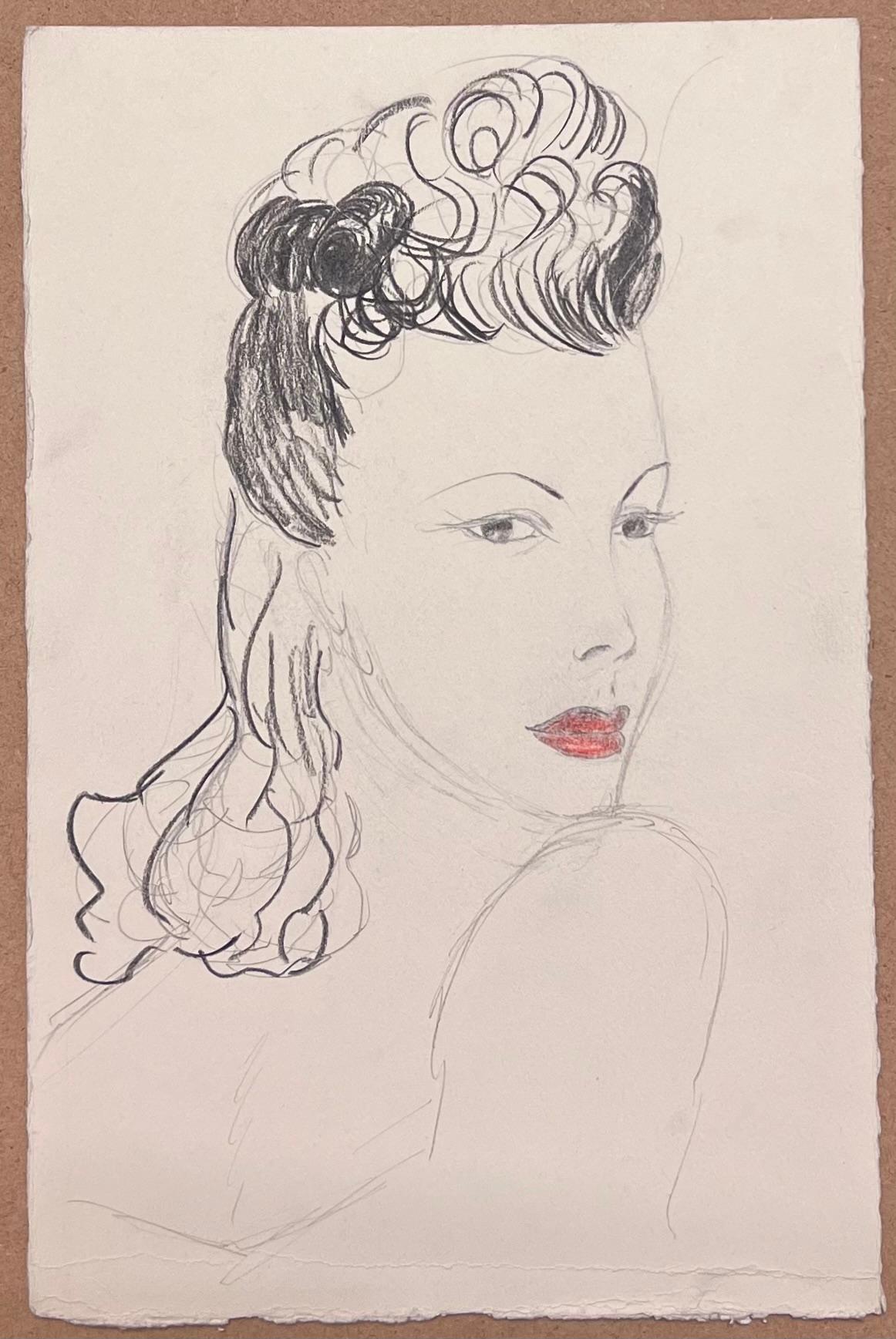 Französisch Skizze einer glamourösen Frau Victory Rollen Frisur und Bold Red Lips – Painting von Josine Vignon