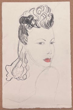 French Sketch of a Glamorous Woman Victory Rolls Hairstyle and Bold Red Lips