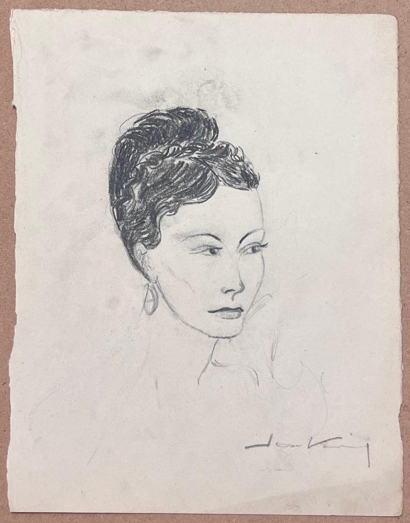 Boceto en francés de una mujer glamurosa Peinado de rollos de victoria y labios rojos atrevidos - Art de Josine Vignon