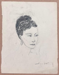 French Sketch of a Glamorous Woman Victory Rolls Hairstyle and Bold Red Lips