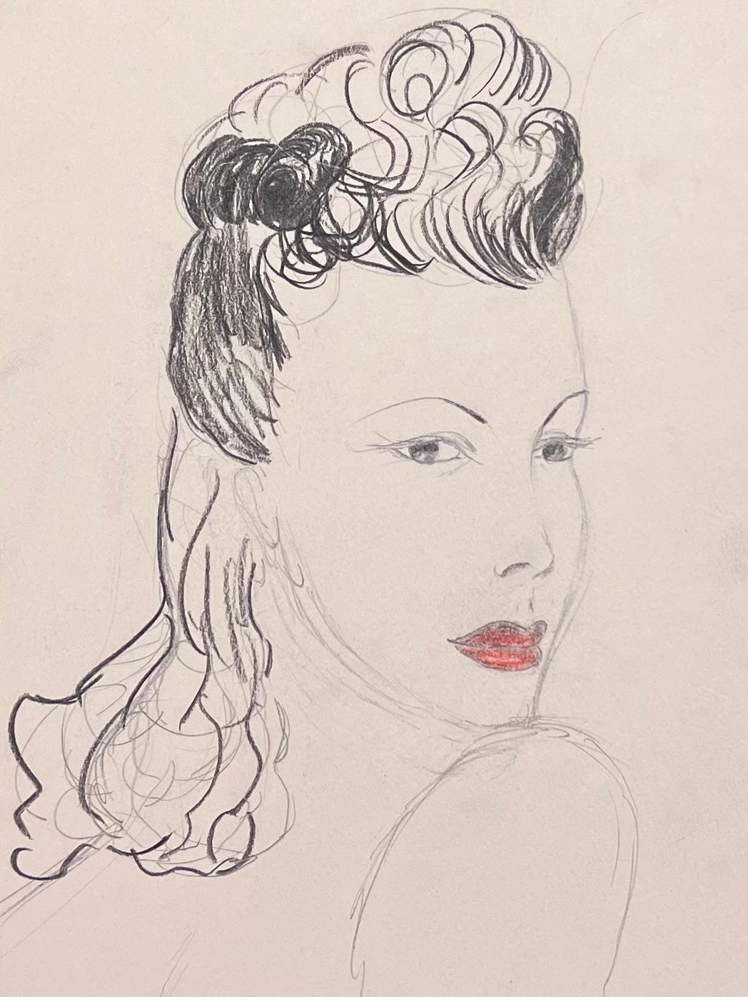Französisch Skizze einer glamourösen Frau Victory Rollen Frisur und Bold Red Lips (Post-Impressionismus), Painting, von Josine Vignon