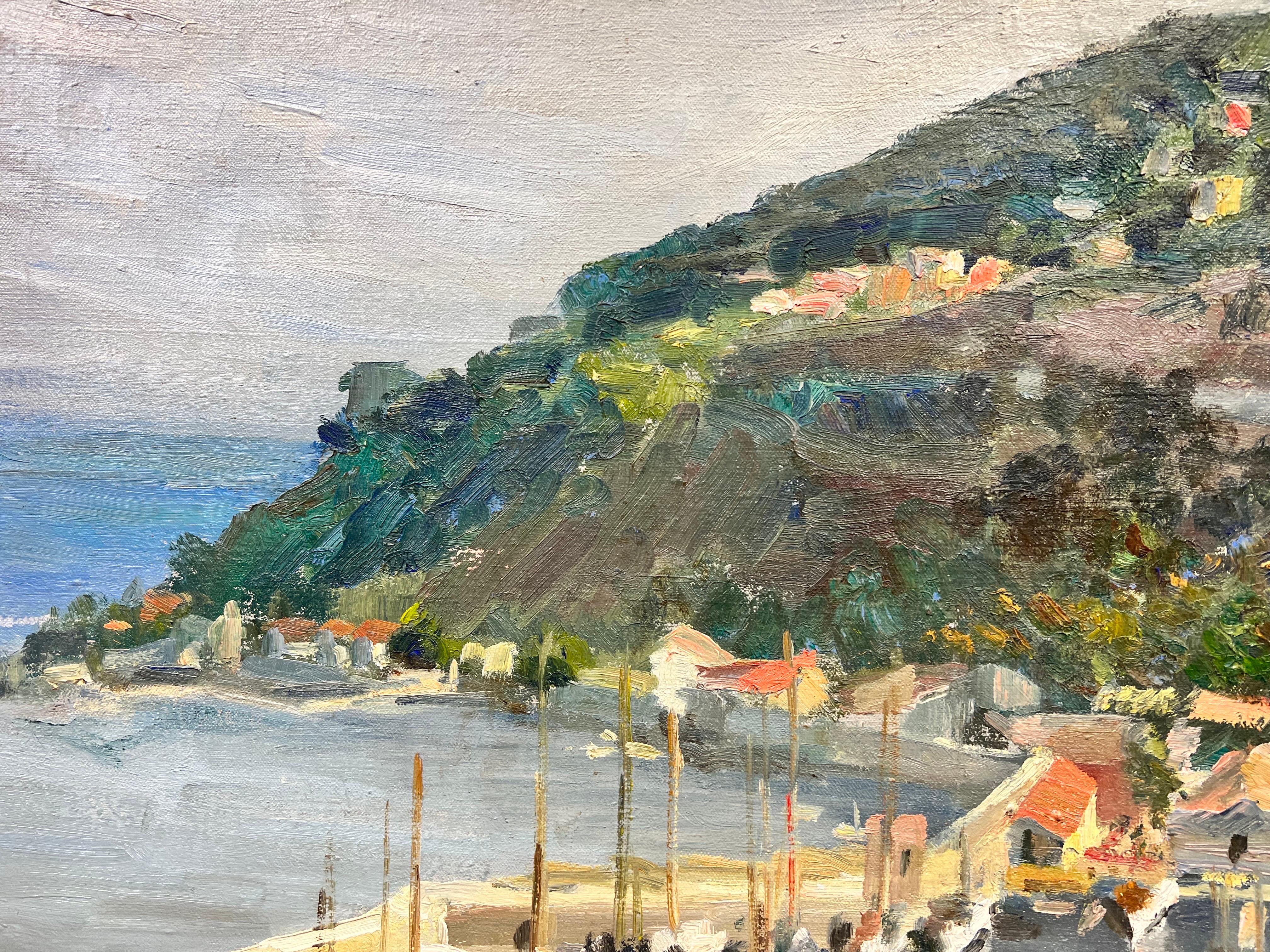 French Village Boat Port Landscape Signed Thick Impasto Oil For Sale 2