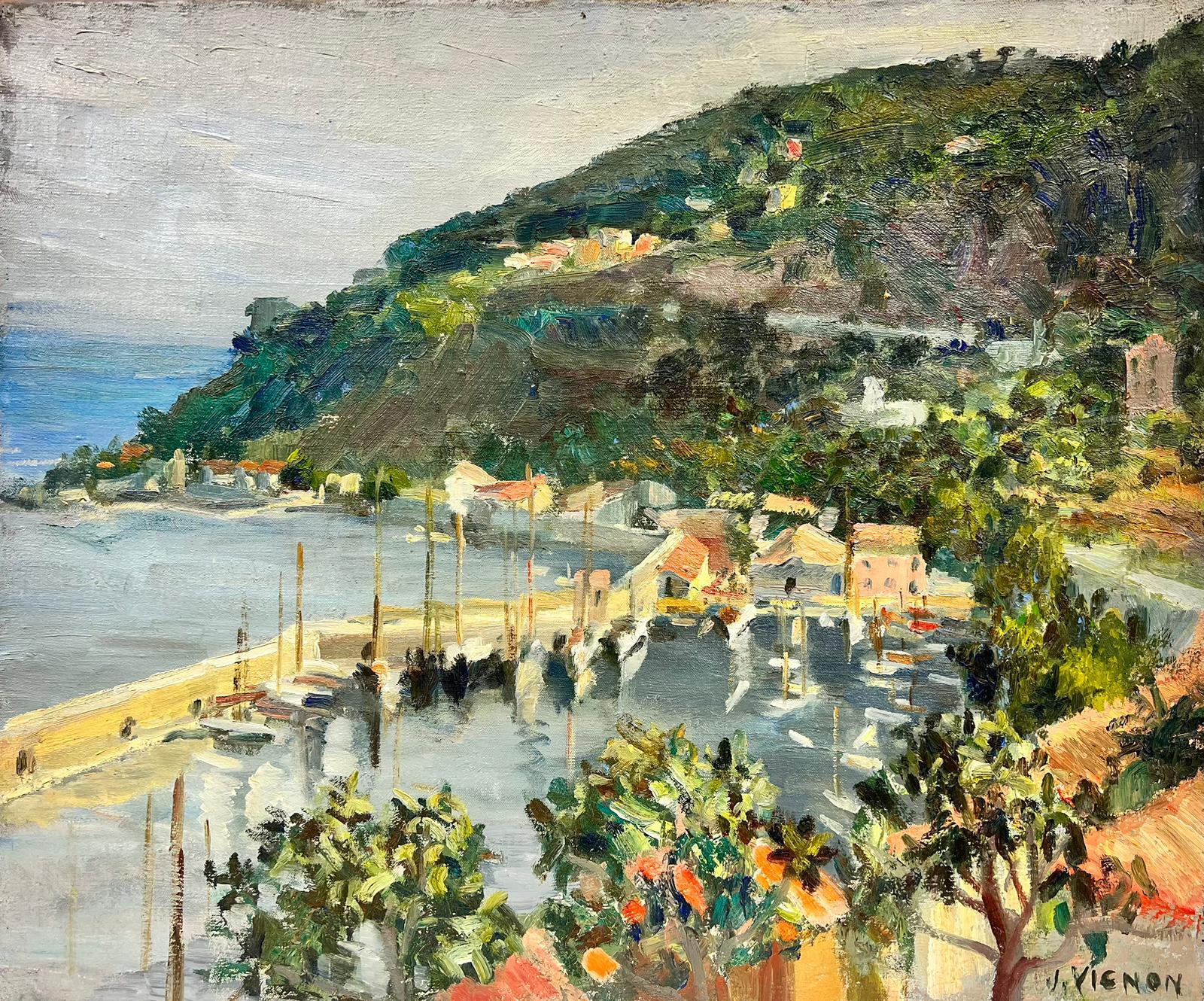 Josine Vignon Landscape Painting - French Village Boat Port Landscape Signed Thick Impasto Oil