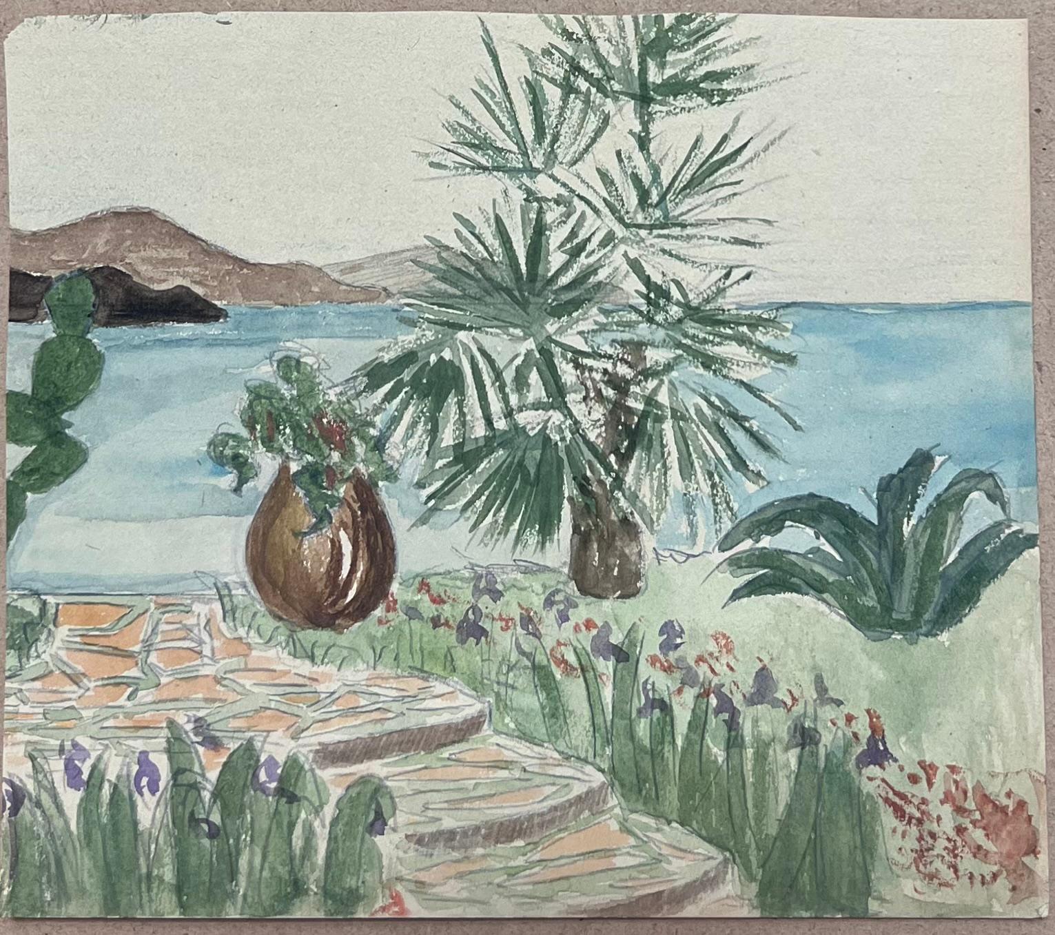 Acquerello francese sul giardino mediterraneo che si affaccia sulle tranquille acque blu - Art di Josine Vignon