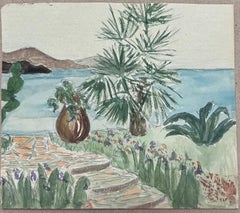 French Watercolour Mediterranean Garden Overlooking the Tranquil Blue Waters