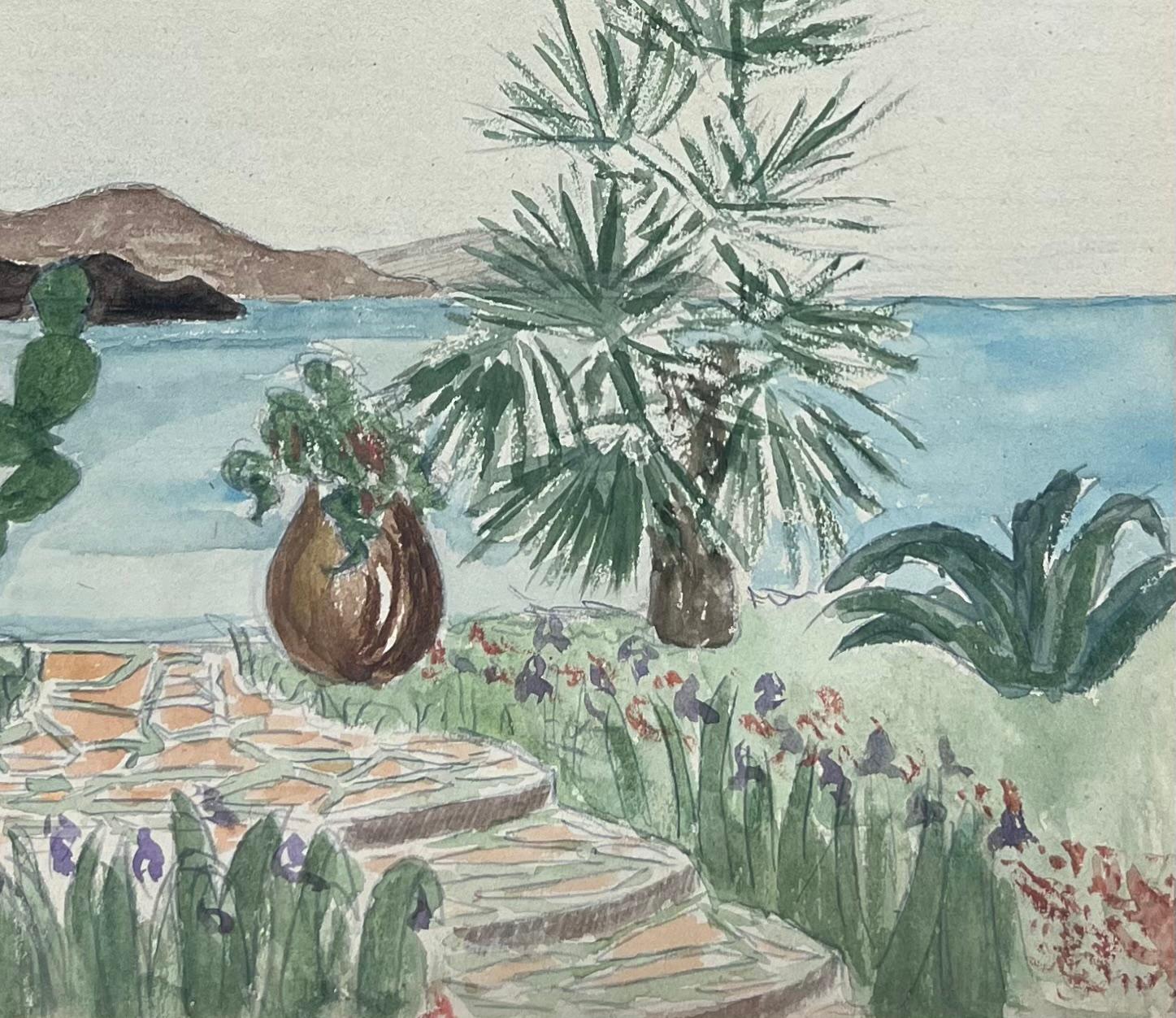 Acquerello francese sul giardino mediterraneo che si affaccia sulle tranquille acque blu - Art Postimpressionismo di Josine Vignon