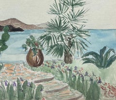 Französischer Aquarell-Aquarell-Garten im Mittelmeerraum mit Blick auf die Tranquilblauen Wasserfarben