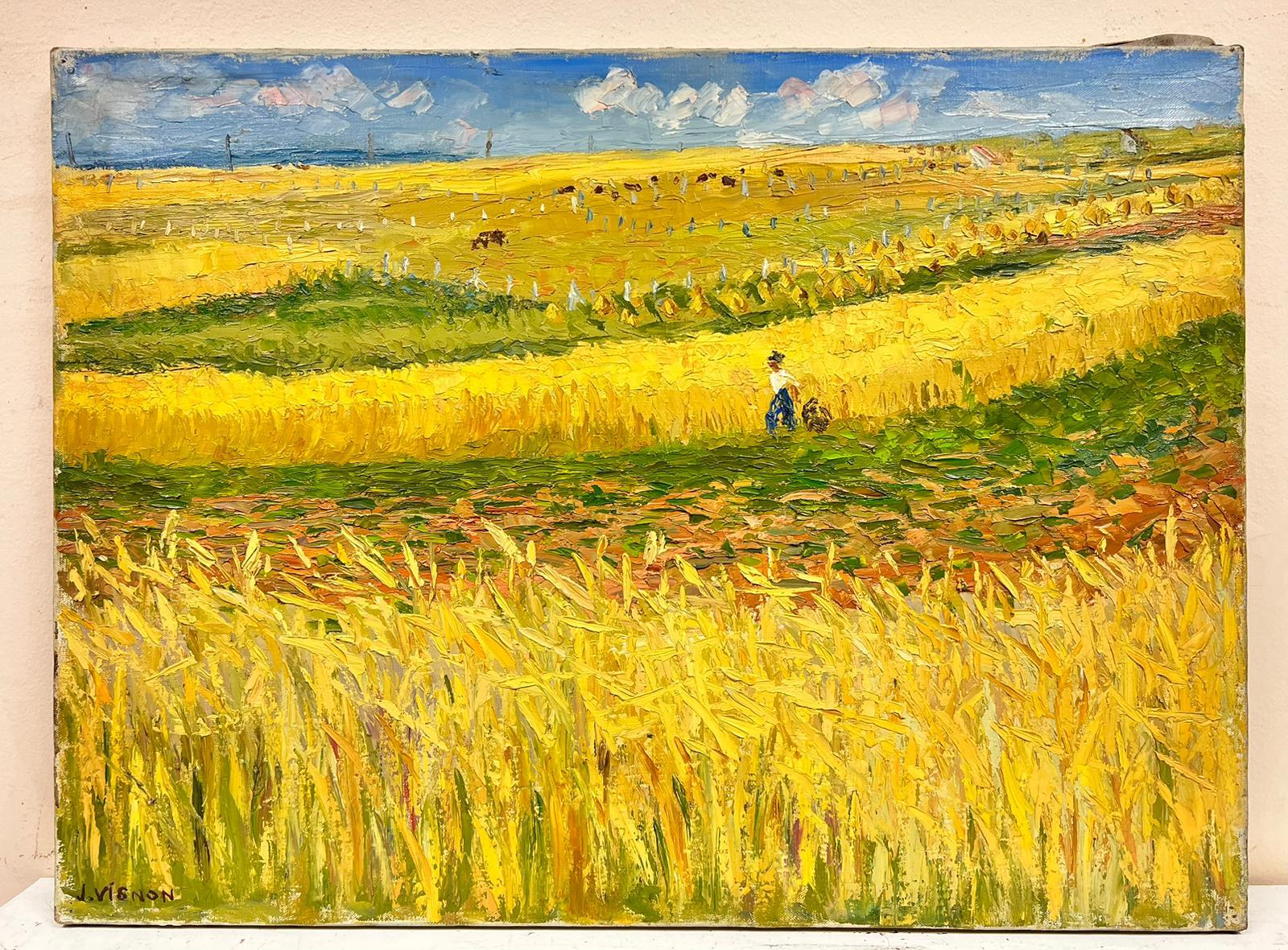Golden Cornfields 1950's French Post Impressionist Oil Painting Large Canvas 2