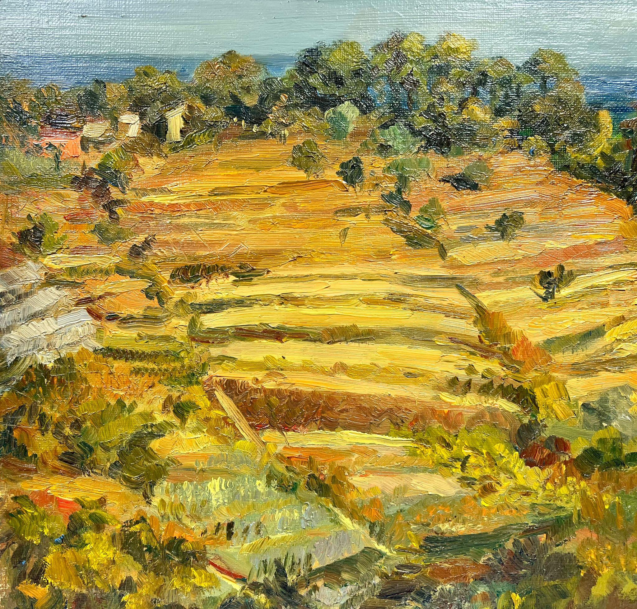 Golden Harvest French Field Landscape Impressionist Oil - Post-Impressionist Painting by Josine Vignon