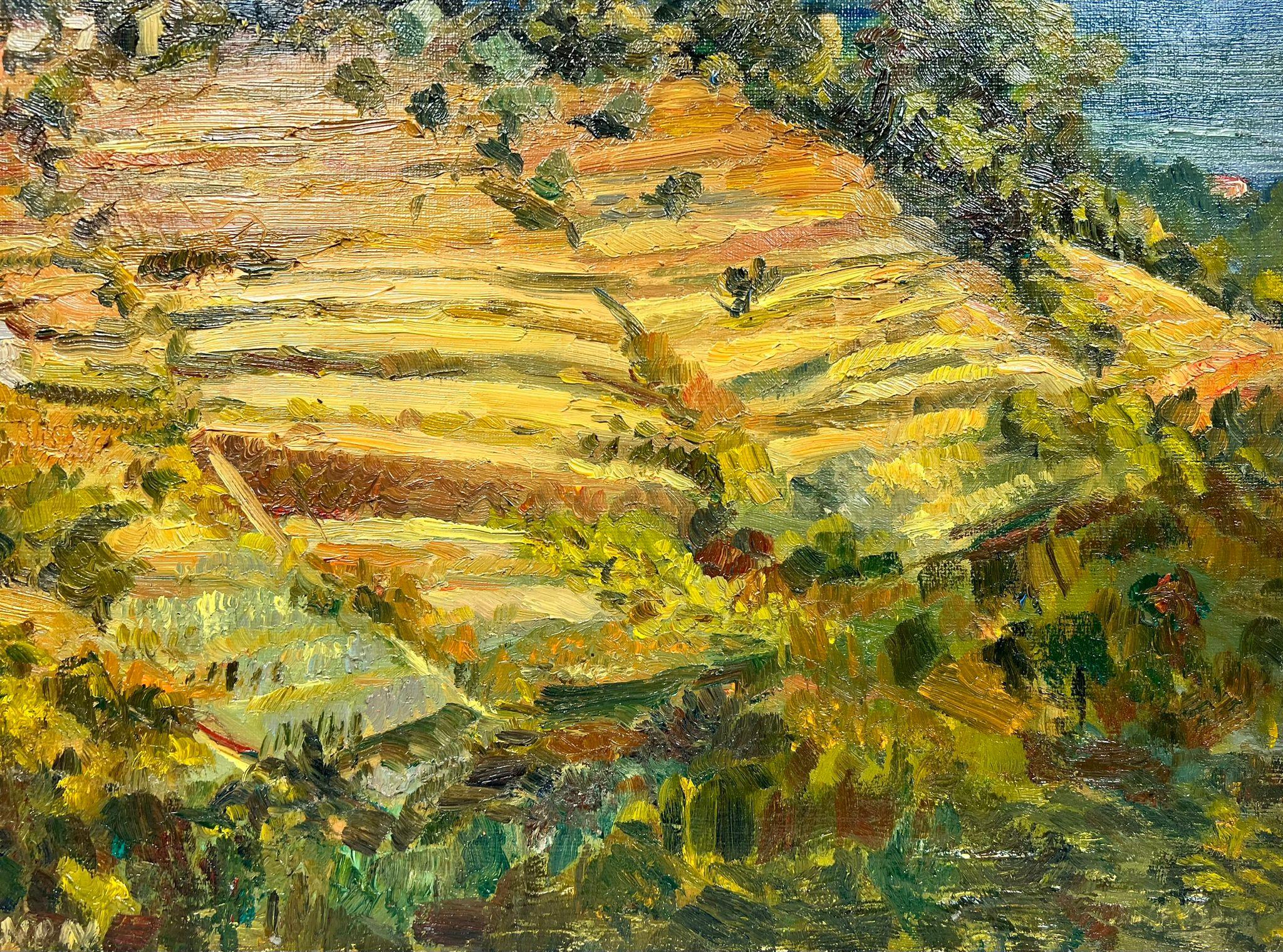 Golden Landscape
by Josine Vignon (French 1922-2022)
signed on front
oil painting on canvas, unframed

canvas: 13 x 16 inches

Colors: Gold colors, brown, blue, green and orange

Very good condition

Provenance: from the artists estate,
