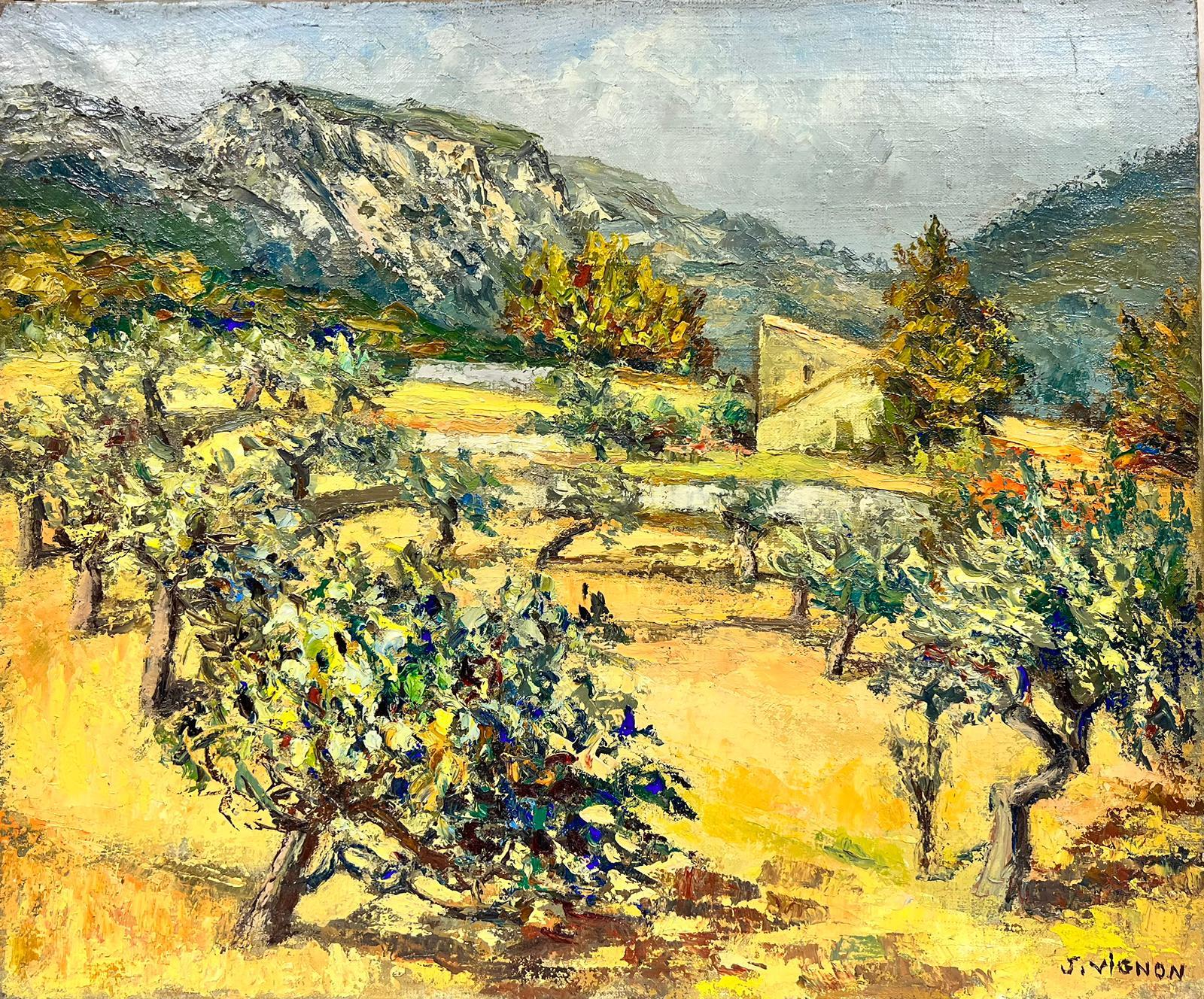 Grüne Provence-Olivbaum-Landschaft, Französisch, postimpressionistisch, signiert, Öl, 1960er Jahre