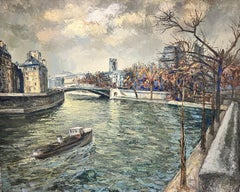Grey Day in Paris River Seine Boat Huge 1960’s French Post Impressionist Oil