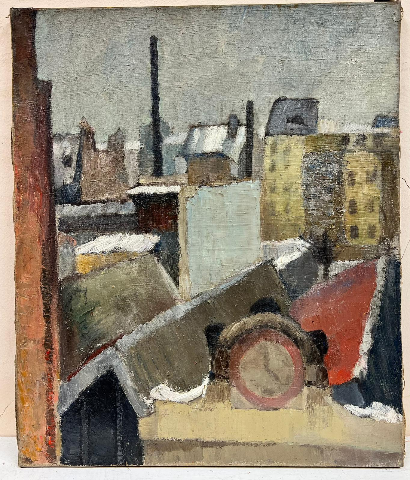 Cielo gris Paisaje en el tejado Impresionista Óleo grueso Impasto - Painting de Josine Vignon
