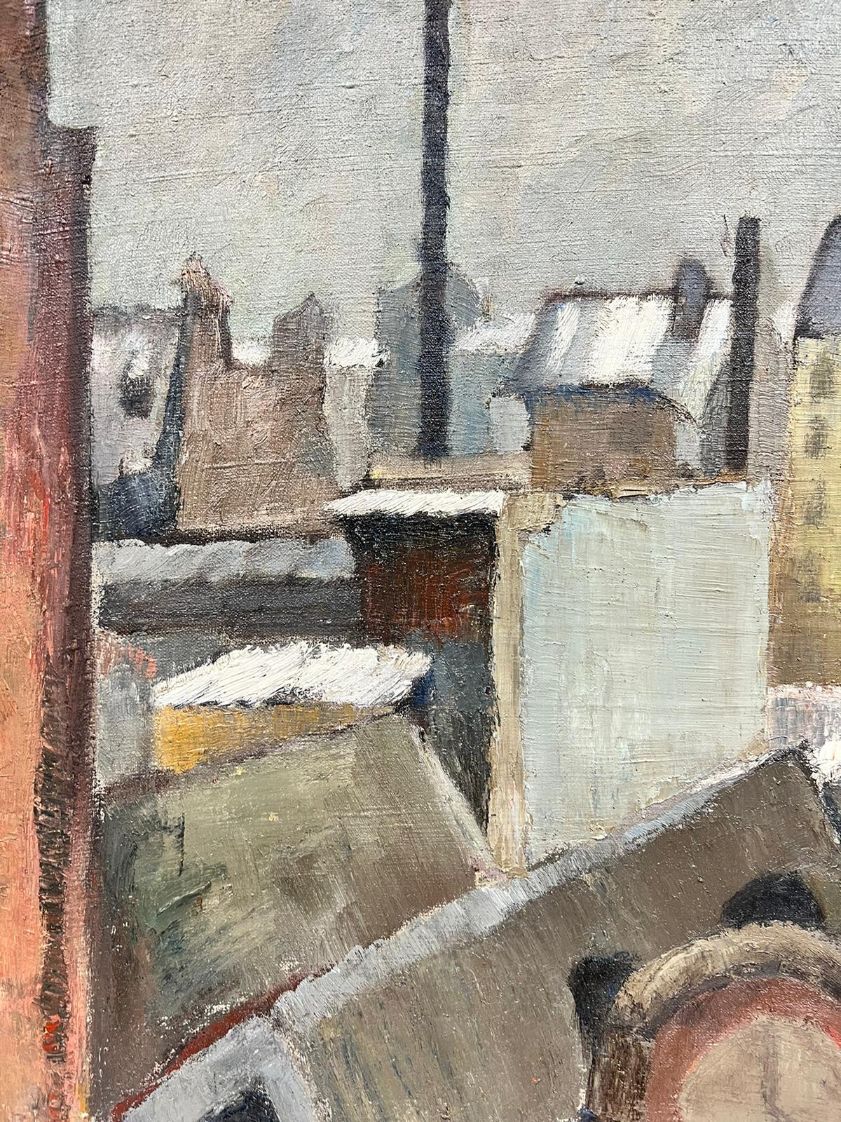 Grey Sky Roof Top Landscape Impressionist Thick Oil Impasto - Post-Impressionist Painting by Josine Vignon