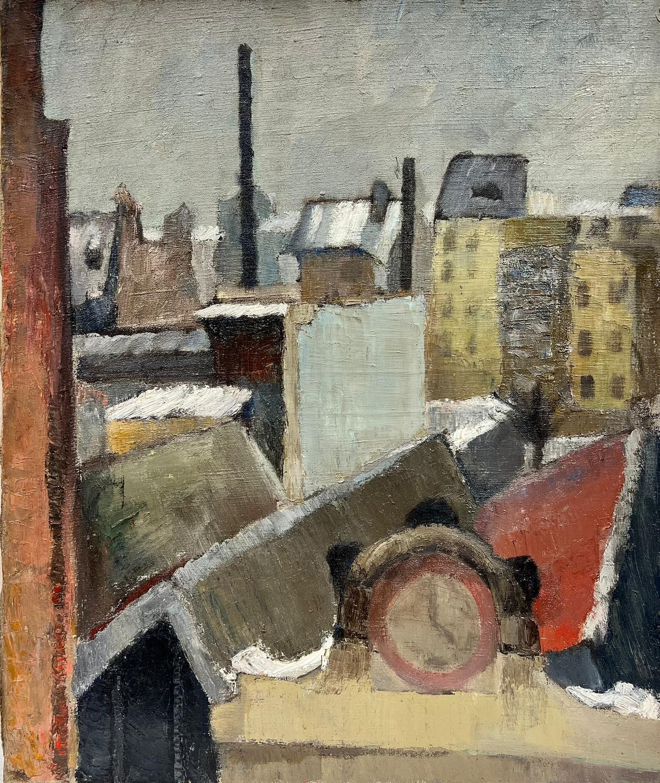 Josine Vignon Landscape Painting - Grey Sky Roof Top Landscape Impressionist Thick Oil Impasto
