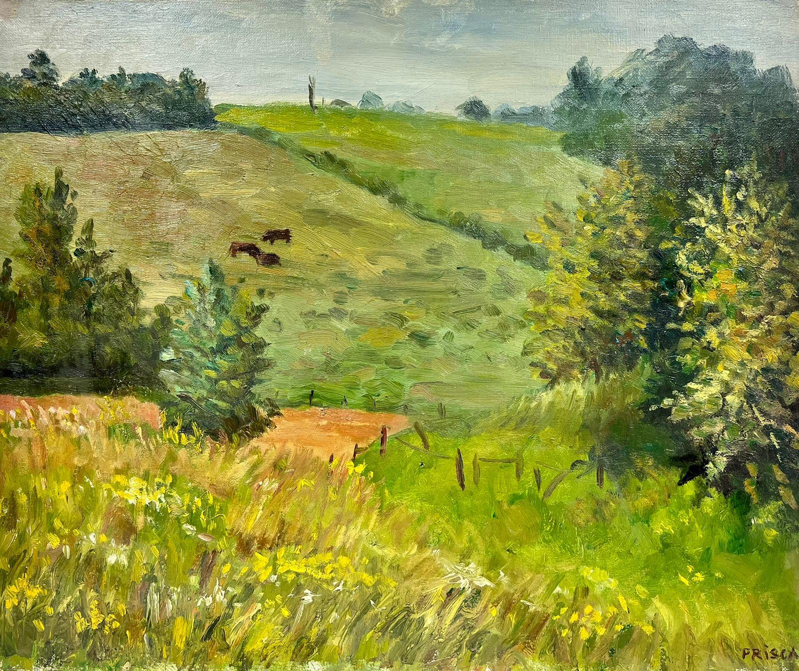 Animal Painting Josine Vignon - Peinture à l'huile post-impressionniste française - « Chevaux Grazing in Tranquil Pastures »