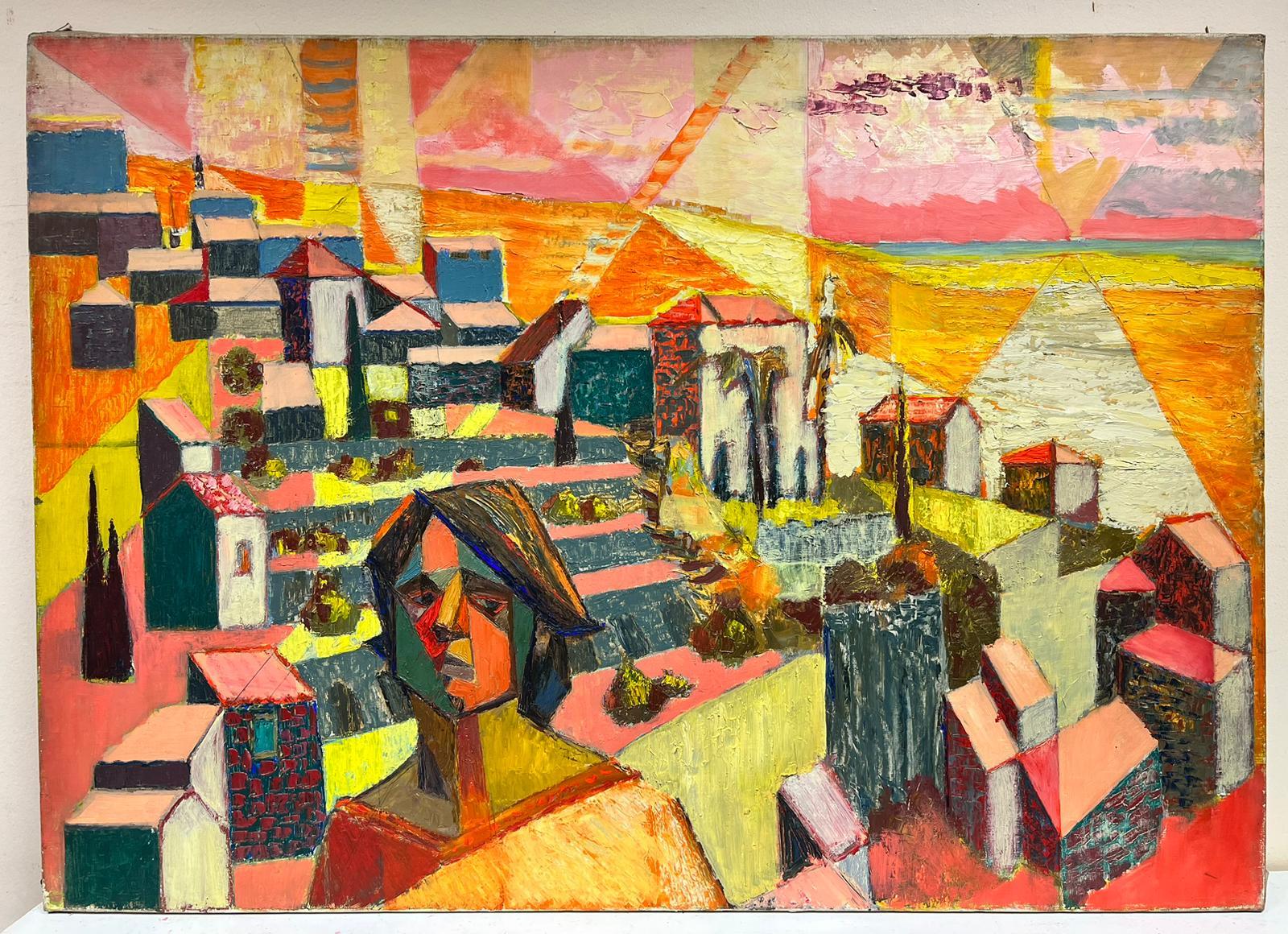 Groe franzsische kubistische lfigur der Moderne der 1950er Jahre in Sdfrankreich Stadtlandschaft – Painting von Josine Vignon
