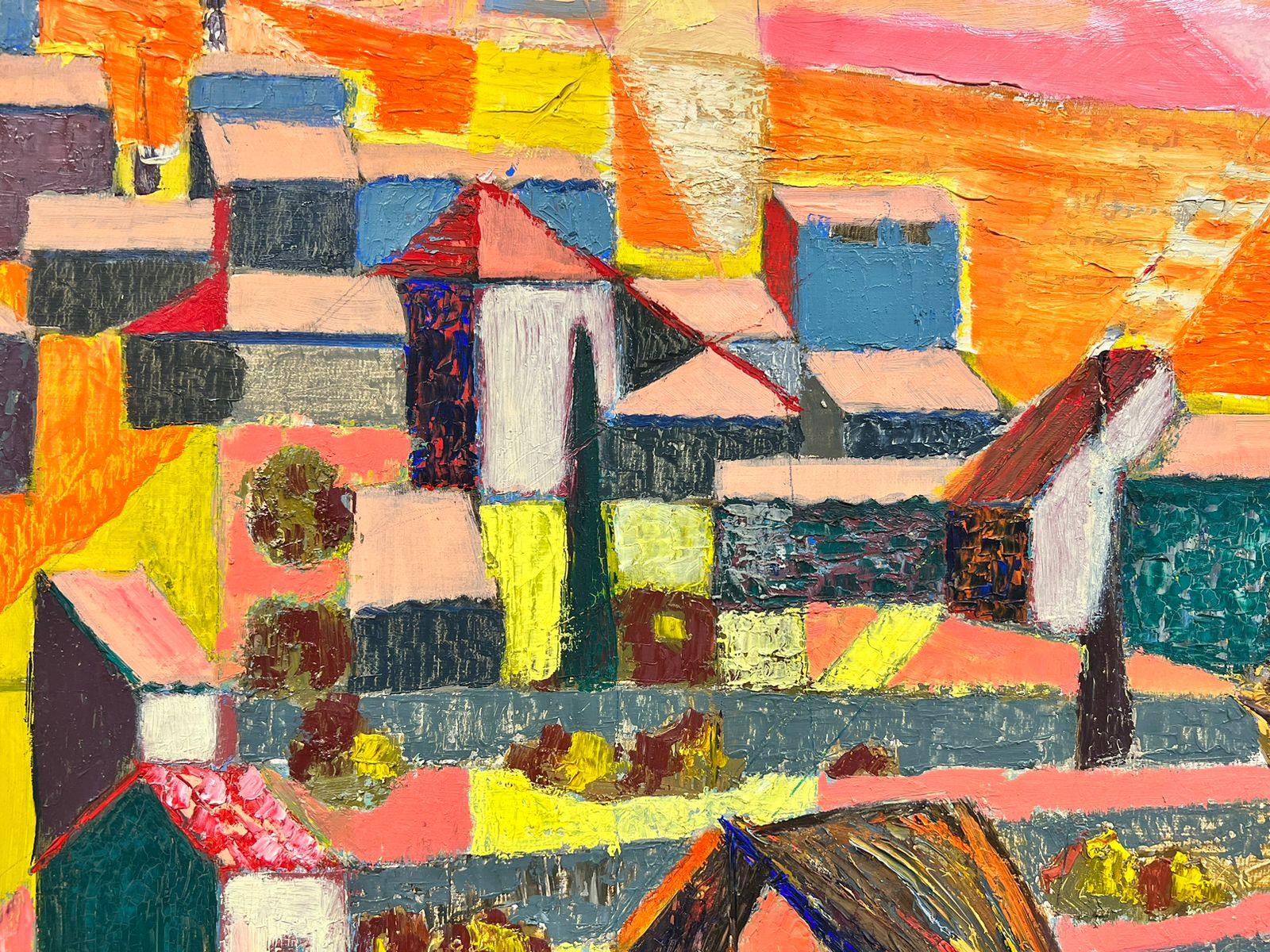 Groe franzsische kubistische lfigur der Moderne der 1950er Jahre in Sdfrankreich Stadtlandschaft (Orange), Abstract Painting, von Josine Vignon