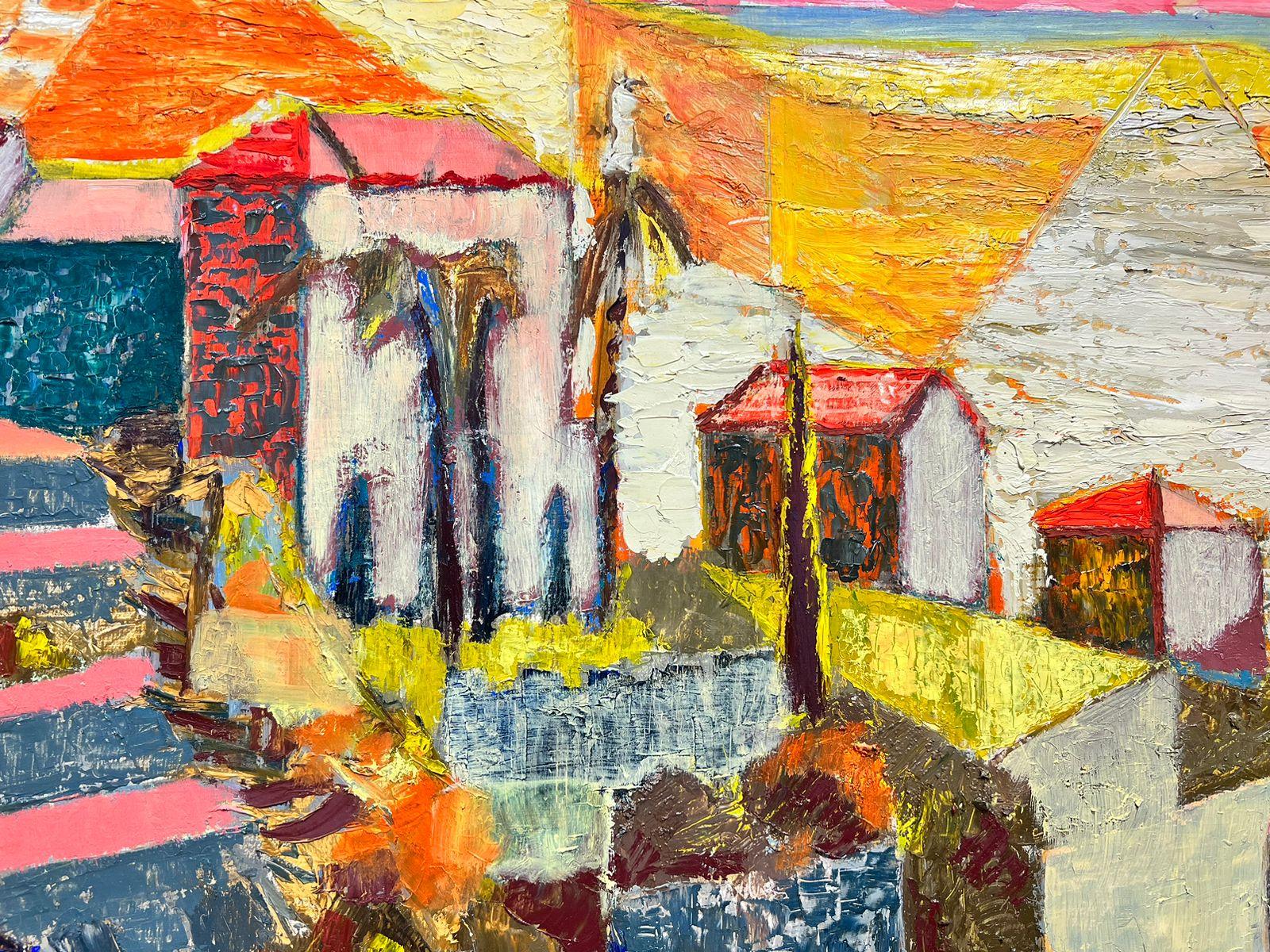 Huge 1950's French Cubist Modernist Oil Figure in South of France City Landscape For Sale 1