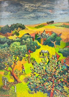 Superbe paysage rural cubiste français d'été des années 1950 Orchards Fermier et vache