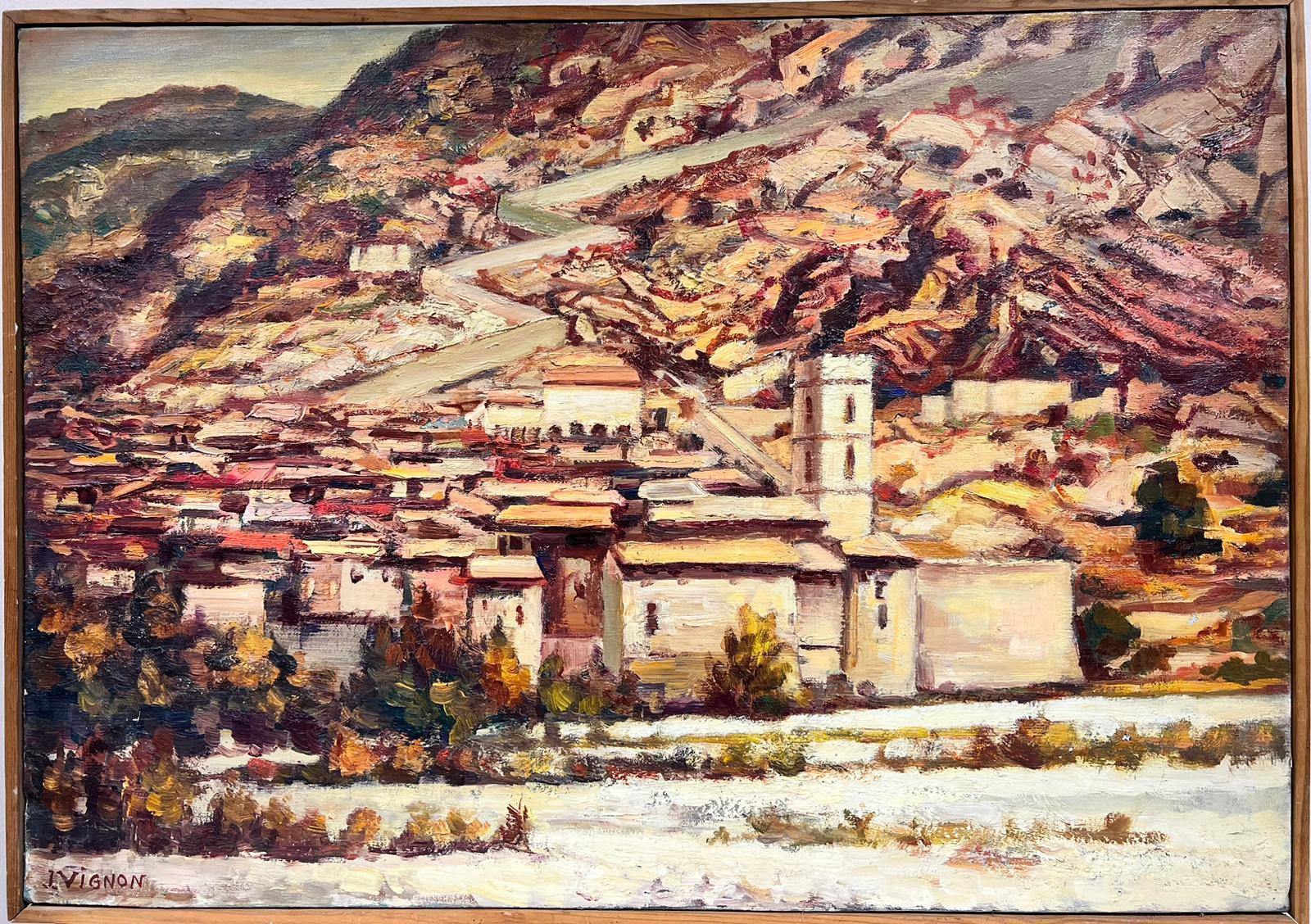 Huge 1950's French Post-Impressionist Oranges Beige Brown Colors Catalan View - Painting by Josine Vignon