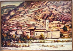 Enorme 1950's Postimpresionista Francés Naranjas Beige Marrón Colores Vista Catalán