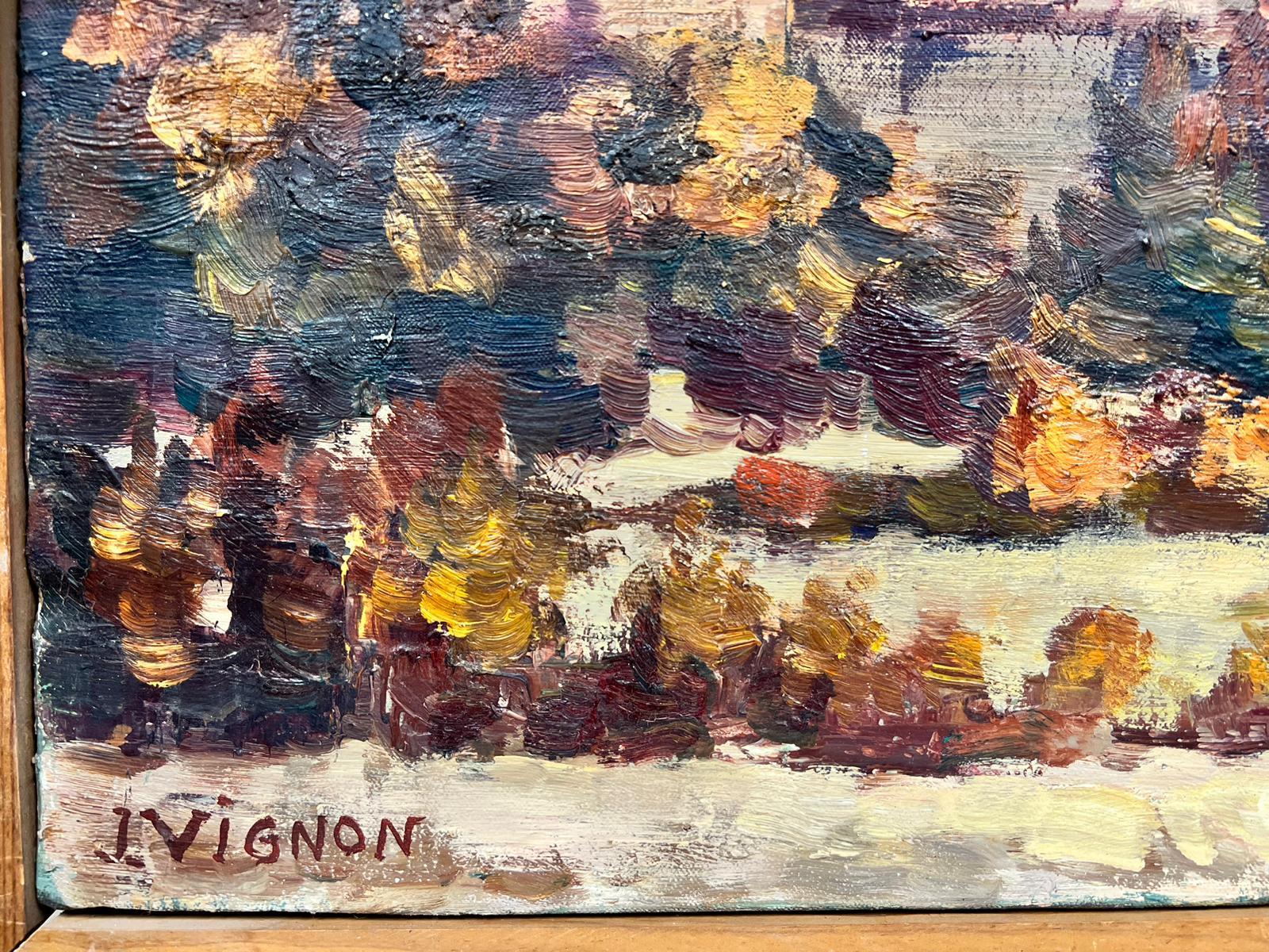 Catalan Landscape
by Josine Vignon (French 1922-2022)
signed 
oil painting on canvas, in a wooden frame
painting: 26 x 37 inches
canvas: 25 x 36 inches

Colors: Red colors, yellow, orange, white and cream

Very good condition

Provenance: from the